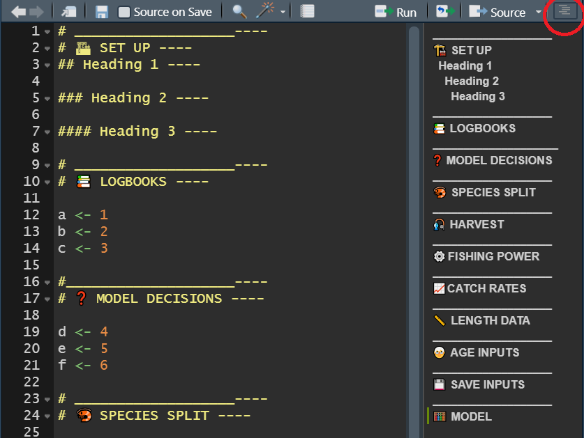 R script document outline. Push the button with five horizontal lines to reveal how R recognises headers and subheaders